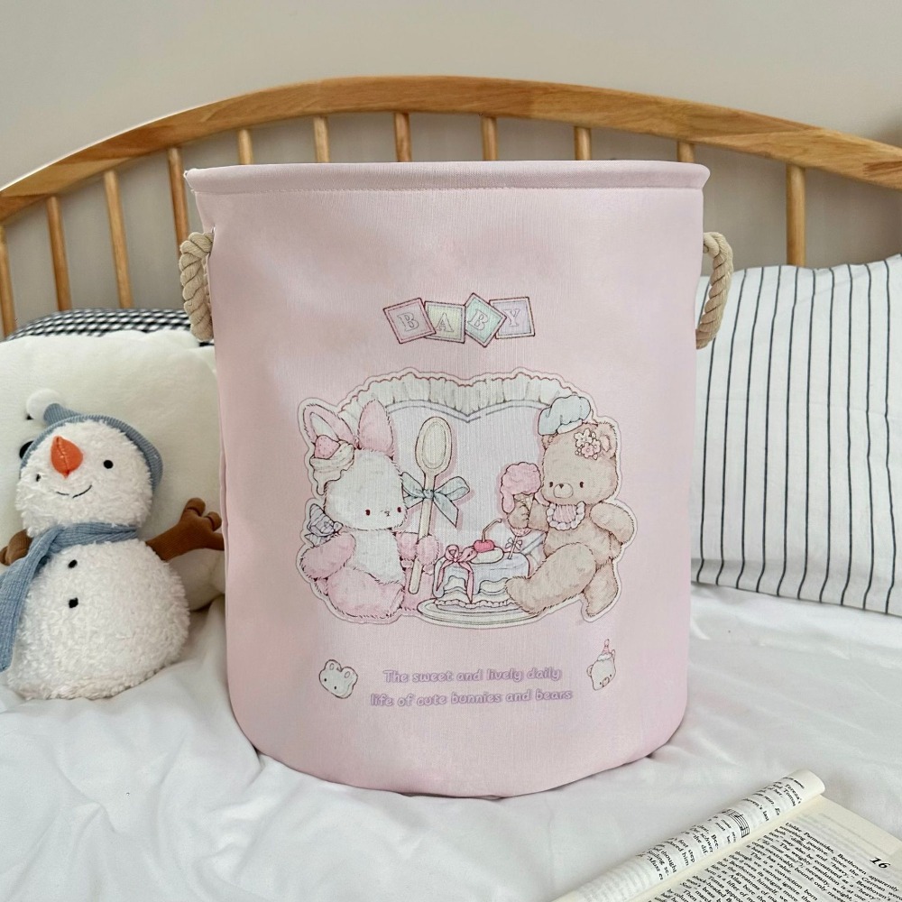Mignon avec poignées panier à linge grande capacité dessin animé ours lapin jouets panier de rangement pliable rond panier à vêtements chambre: Bourgogne