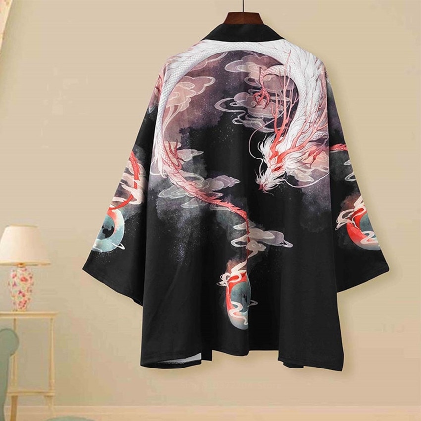 Harajuku streetwear samurai kostuum heren japanse traditionele haori kimono drakenprint casual vest unisex losse yukata
