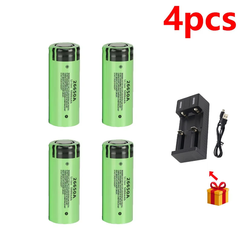 Original 26650 battery 5000mAh 3.7V 50A lithium ion rechargeable battery for 26650A LED flashlight+charger: Silver