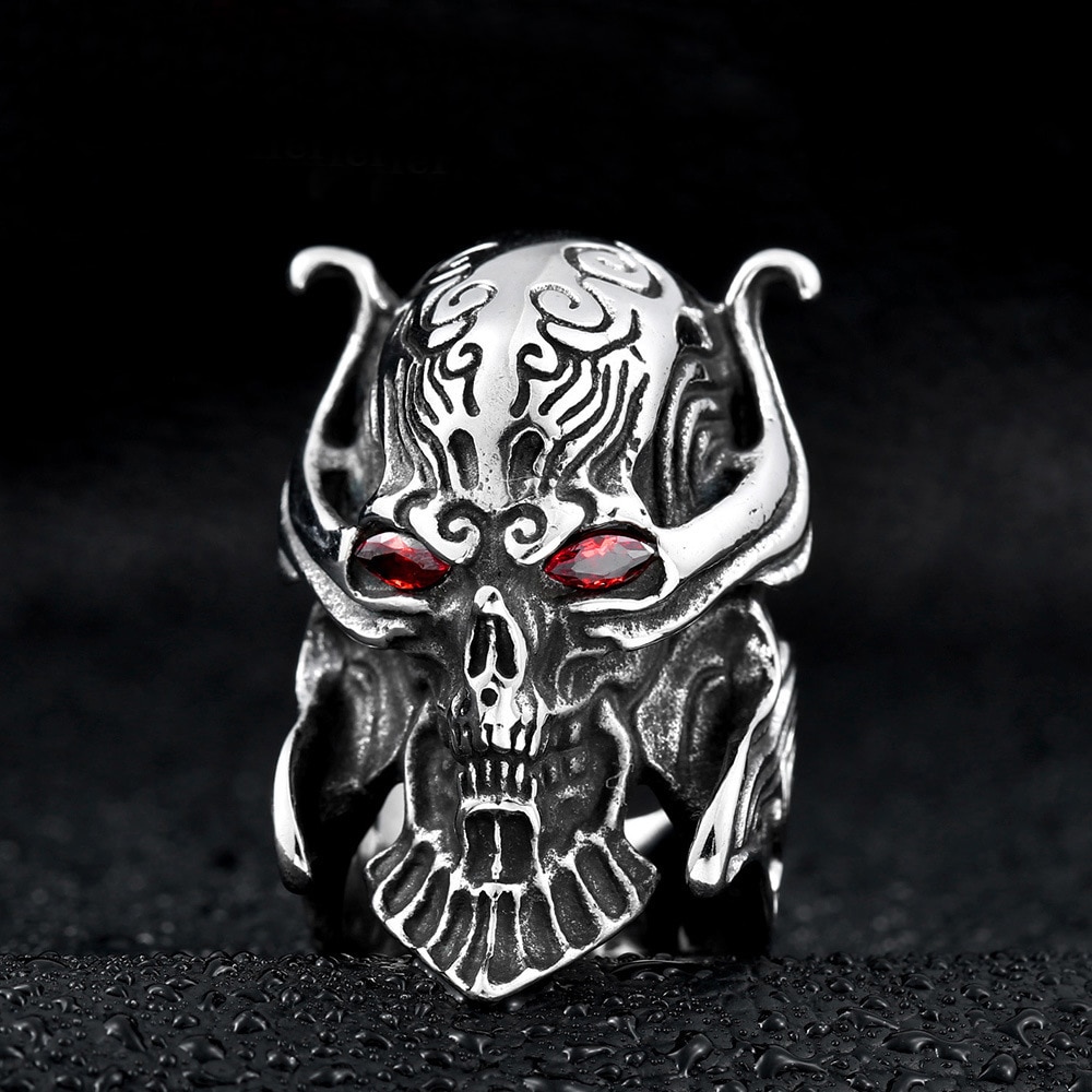 GARO MAKAISENKI Zaruba Skull Ring Biker Red CZ Eye Titanium Steel Punk Gothic Ring Japan Popular Men Retro Jewelry