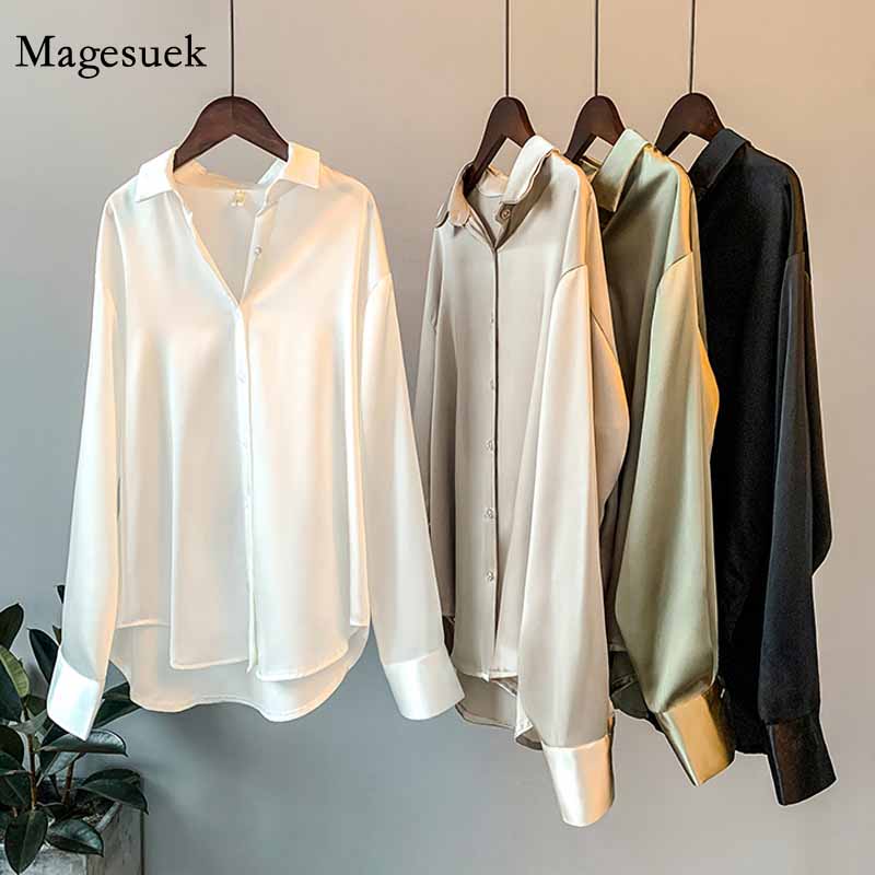 Vårskjorte med knapper i sateng og silke, vintagebluse, hvite topper, dame, lange ermer, løse gateskjorter, 11355