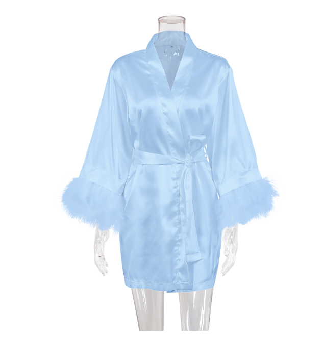 Peignoir en satin blanc avec plumes pour femme, robe de mariée, kimono sexy pour demoiselle d'honneur, quel que soit le court, peignoir pour patients, InDispensLingerie: Rose