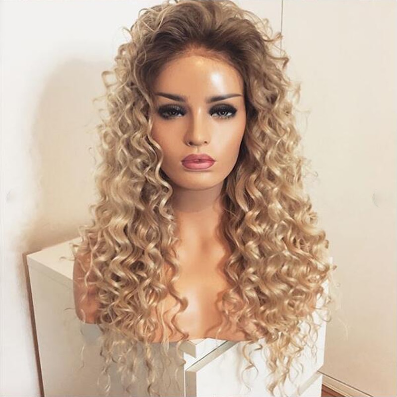 EEWIGS Glueless Blonde Curly Wig With Brown Root Heat Resistant Synthetic Lace Front Wig 180% Density Ombre Wigs For Black Women