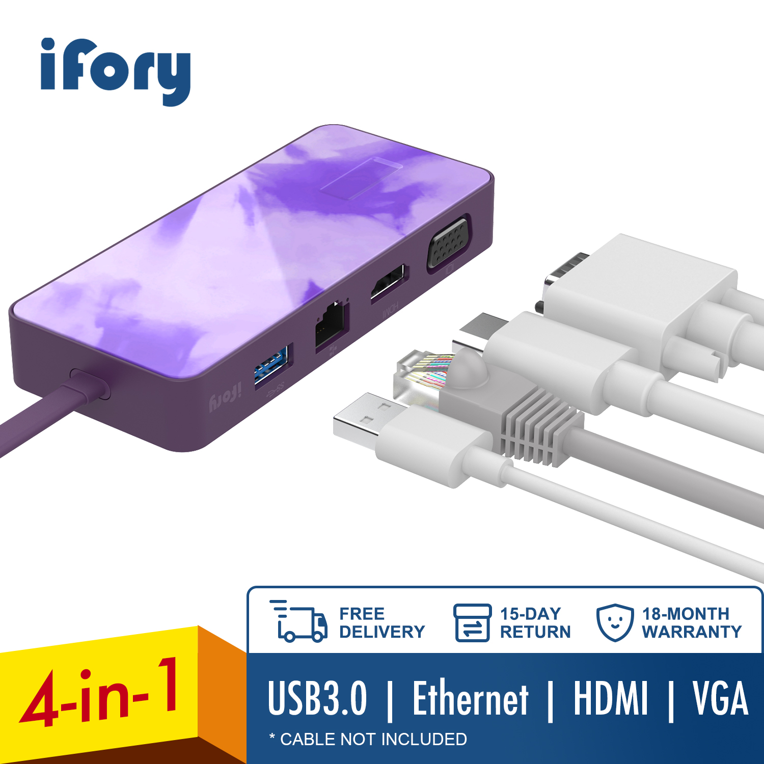 Ifory Type C Hub, Usb C Adapter Met Hdmi/Vga, Ethernet, usb 3.0 Voor Macbook Pro Air Dock Type-C Poorten Splitter Hab: Dark Purple