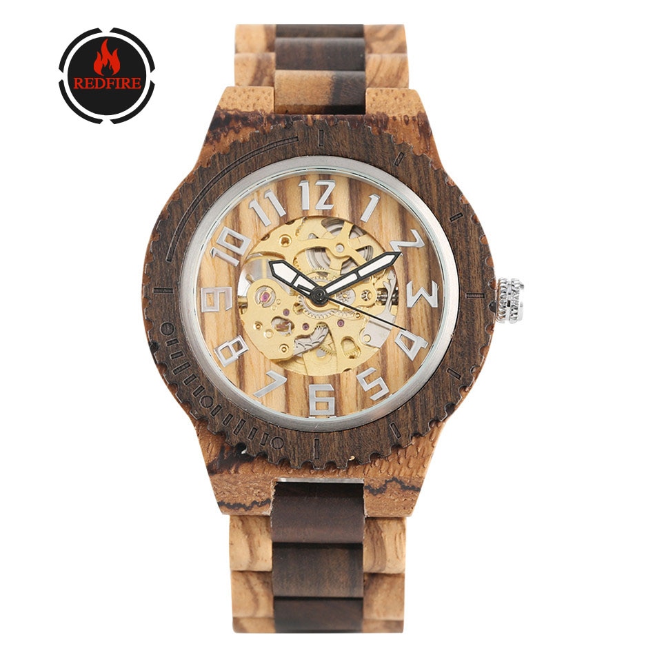 REDFIRE reloj masculino Automatic Mechanical Wood Watches Classic Arabic Numerals Natural Gear Surface Wood Mens Watches