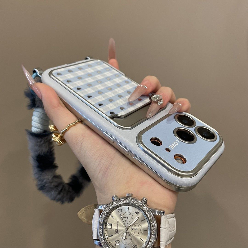 Chic Plaid Heart Silver Mirror Case for iPhone 17 Pro Max 16 15 14 Pro 13 Card Holder Cartoon Phone Case With Fur Lanyard