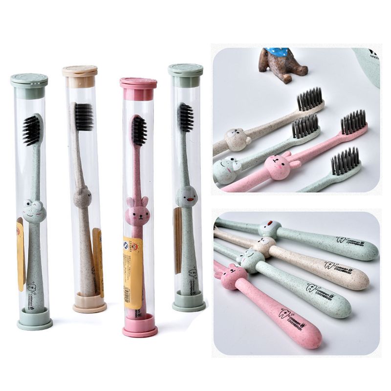 Brosse à dents pour enfants, manche de dessin animé, brosse buccale en charbon de bambou, soins de paille de blé naturel dégradable