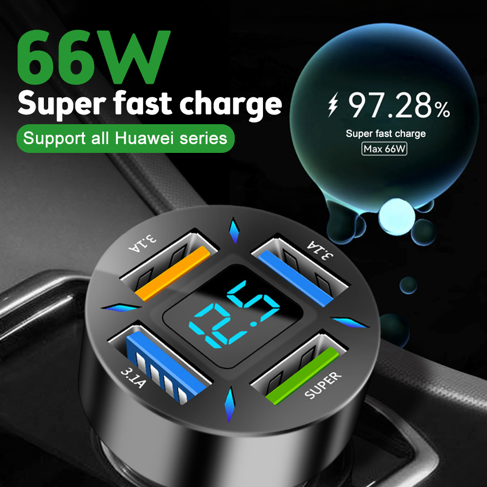 66 W Auto Volt Meter 4 Poorten USB Autolader Snel Opladen PD Quick Charge 3.0 USB C Auto telefoon Oplader Adapter Voor Telefoon Voltmeter
