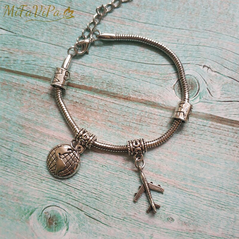 MiFaViPa Flugzeug Armband Erde Flugzeug Pandent Schmuck Armbänder für Frauen Einfache Legierung Silve Farbe Antike Armband