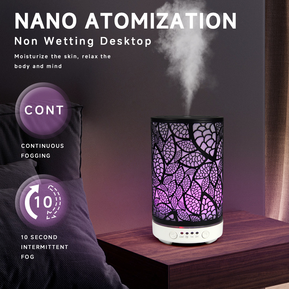 100 ml Diffusor für ätherische Öle, hohles Blatt, Ultraschall-Luftbefeuchter, Heimduft-Aroma-Diffusor mit 7 LED-Farbwechsellicht