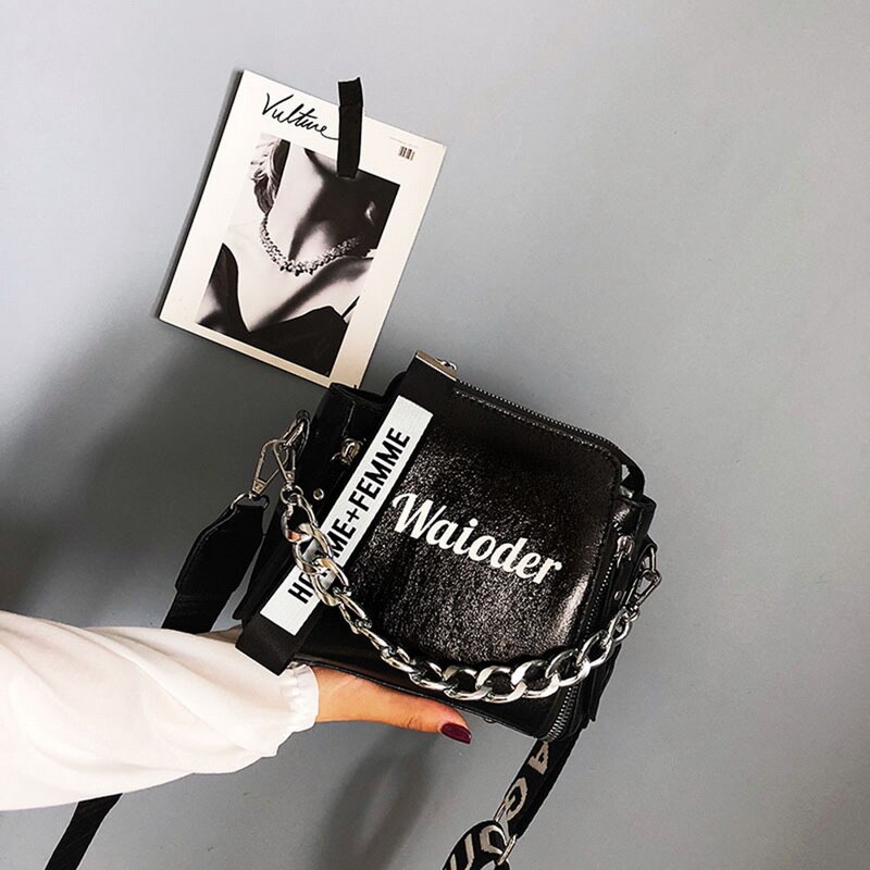 Women Chain PU Single Shoulder Bag Letter Printing Messenger Beach Bag: black