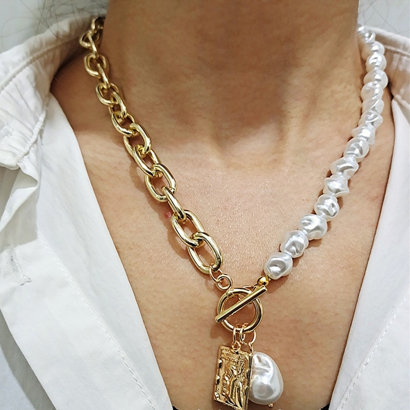 Oregelbunden barock pärla guldkedja halsband kvinnor smycken vintage geometriskt hänge halsband för kvinnor tillbehör