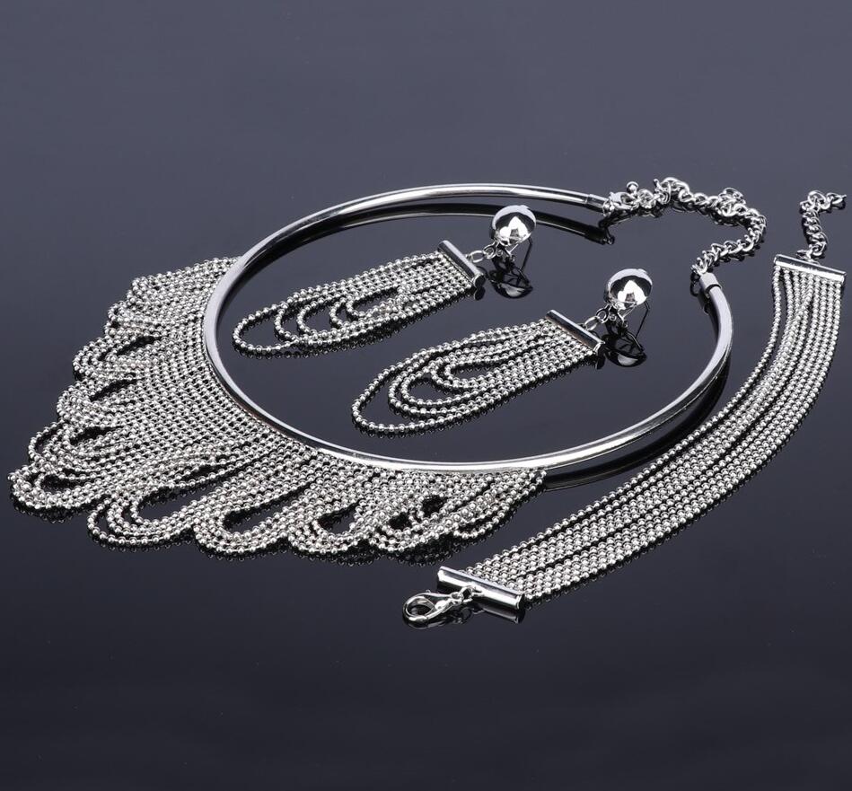 Nigerian Wedding African Beads Jewelry Sets Crystal Necklace Sets Gold Color Jewelry Set Wedding Accessories Party: Silver