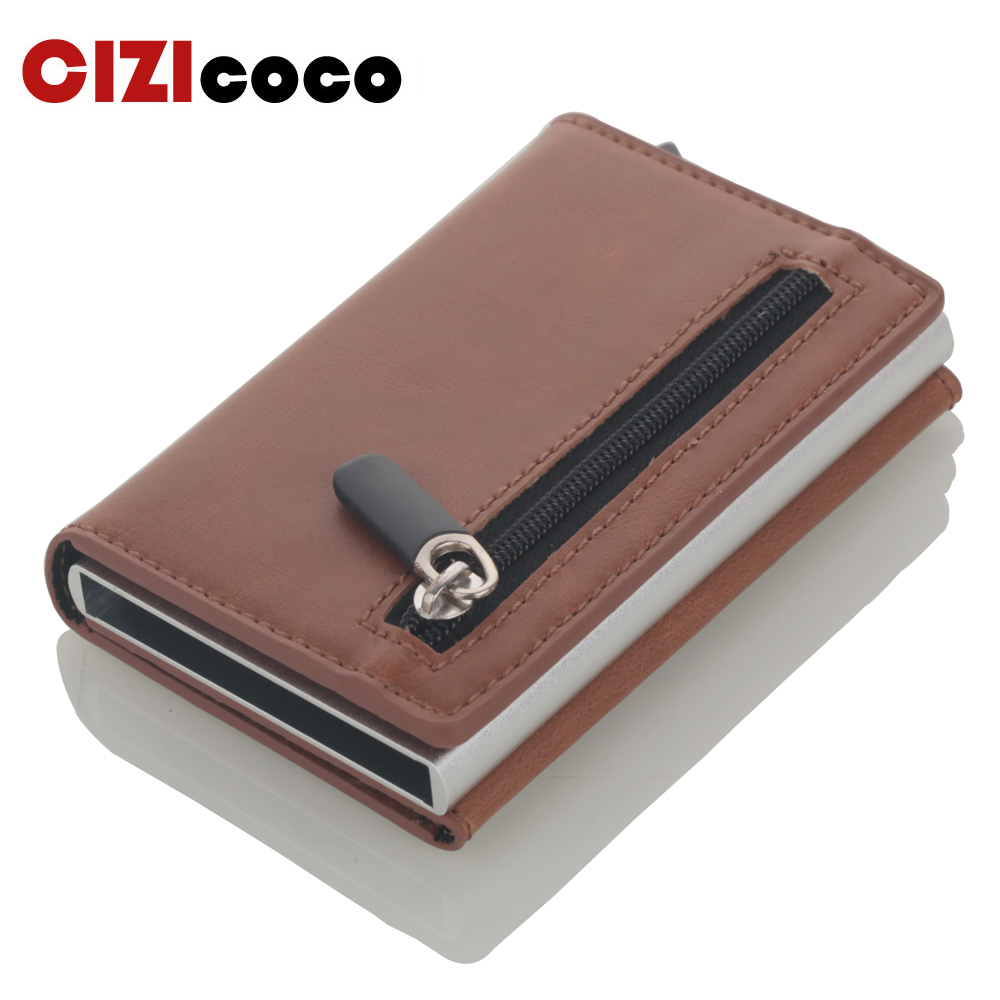 Cizicoco Credit Card Holder Aluminum Box Card Wallet RFID PU Leather Pop Up Card Case Magnet Carbon Fiber Coin Purse