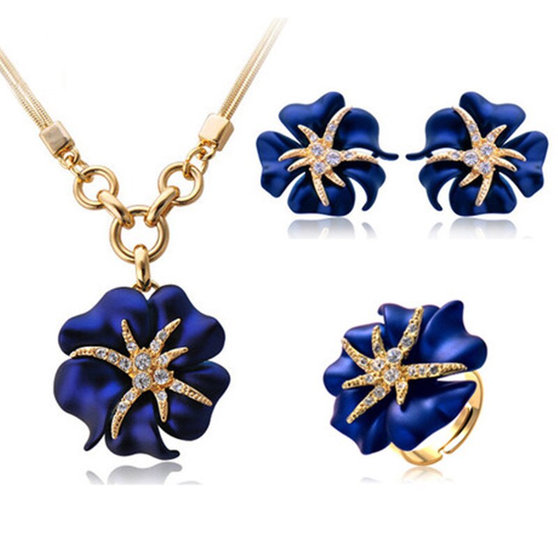 Elegante Luxe Sieraden Set Met Oorbellen en Ketting en Ring Goud-Kleur Rood en Blauw Strass sieraden