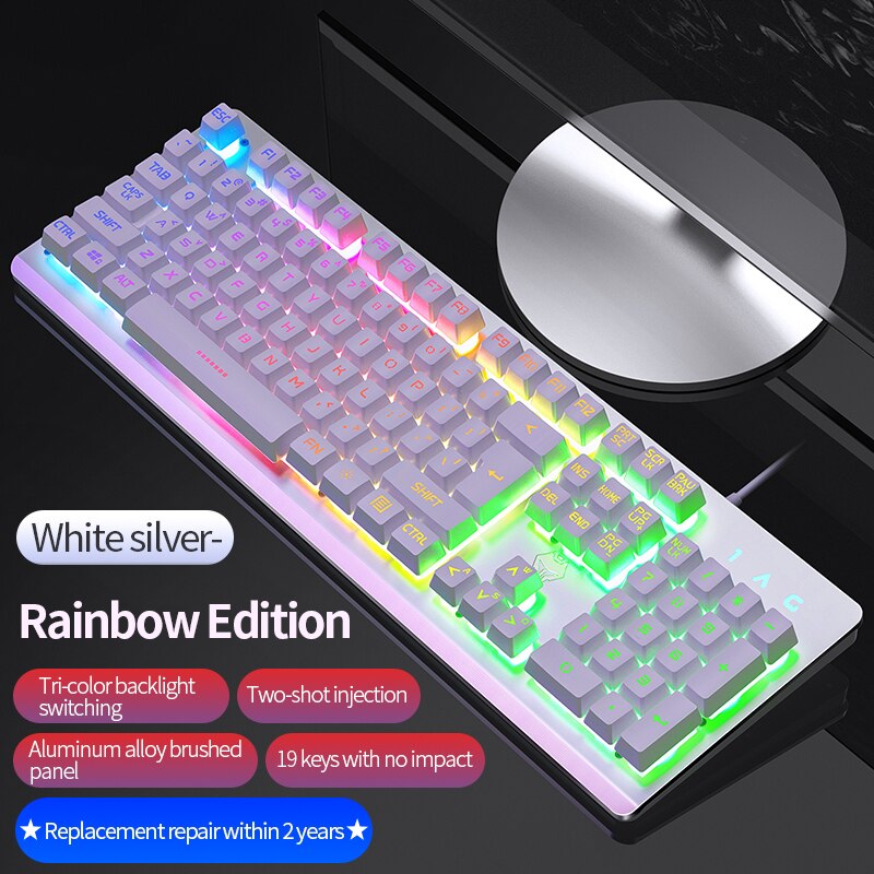 Metal Panel Mechanical Feel Gaming Keyboard USB Wired Voice Control Rainbow Backlit Keyboard for Desktop Computer Laptop Gamer: P3C106WhiteRGB