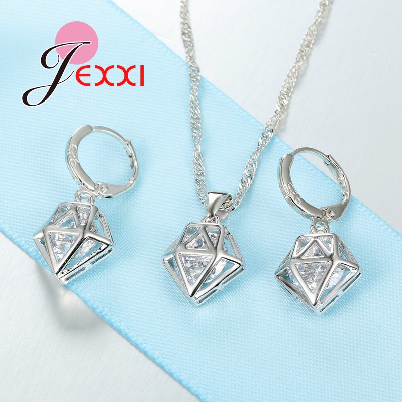 925 Sterling Zilver Bridal Wedding Accessoires Geometrische Cubic ia Hanger Ketting Oorbellen Sets