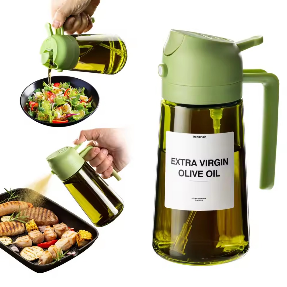Pulverizador de aceite oscuro con bloqueo de luz de 16oz/470ML para cocinar, botella dispensadora de aceite de oliva 2 en 1 para cocina, botella de aceite de vidrio verde oscuro