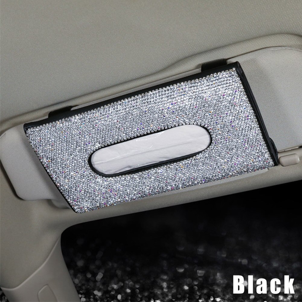 Auto kristallen tissue doos zonneklep diamant leren auto tissue papier houder hoes zonneklep hangende servet accessoires: Zwart