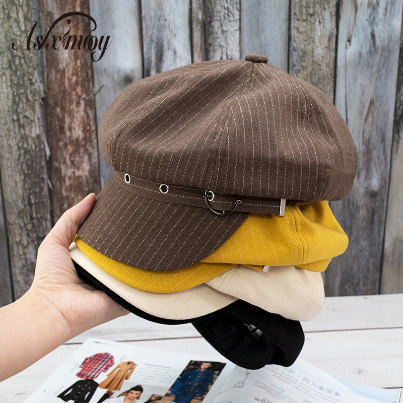 Kapelusze dla obu płci dla kobiet w paski ośmioboczna czapka gazeciarza mężczyźni elegancki damski kapelusz moda beret mężczyźni kobiety artysta malarz czapki Femme