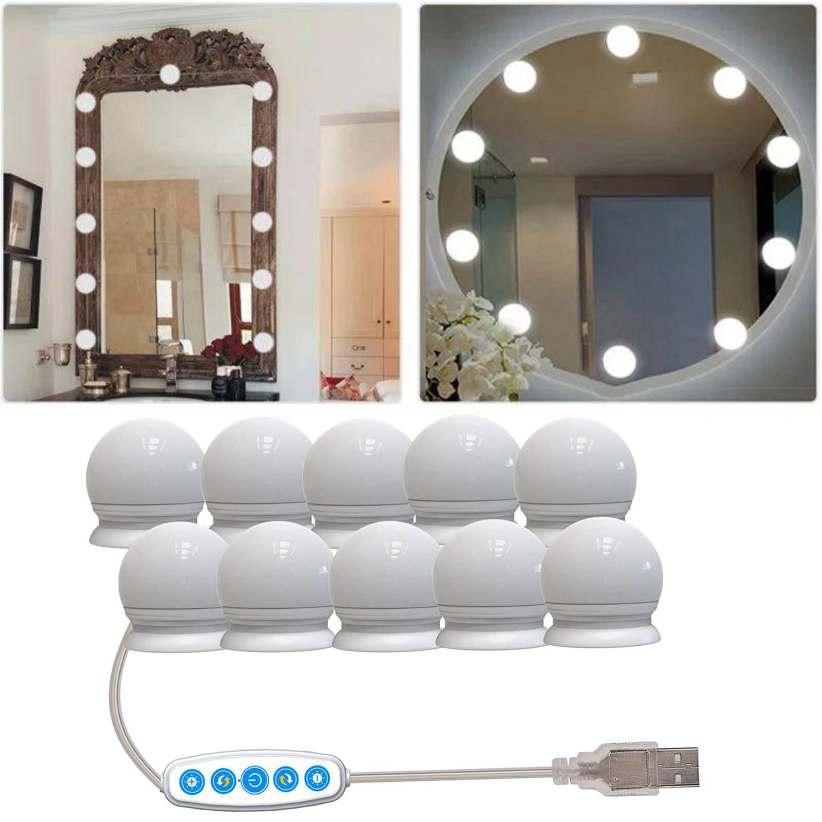 Juego de luces de LED para espejo de tocador Hollywood, 10 bombillas regulables para maquillaje