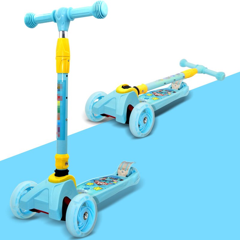 Children's Scooter Detachable Folding Handle Graffiti Scooter Children's Sports Scooter: Folded-Blue