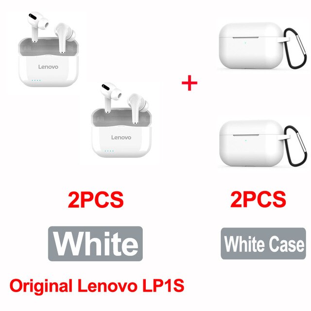 Original Lenovo LP1S TWS Wireless Headphones Bluetooth 5.0 HiFi Earphone Stereo bass with Mic Headset IPX4 Waterproof: 2 white with case