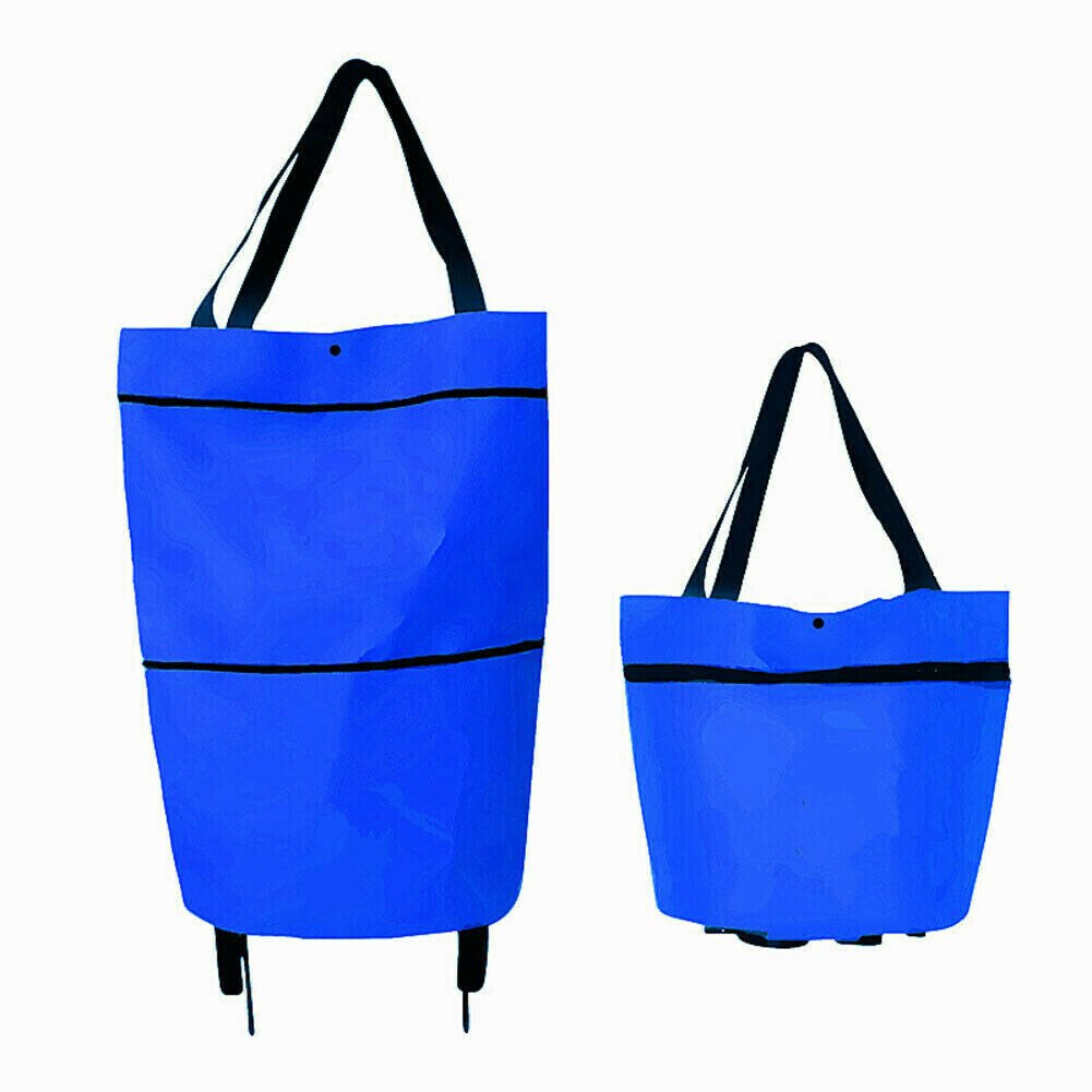 Sammenklappelig indkøbstaske vognpose med hjul købmandstas sammenklappelig håndtaske: Blå