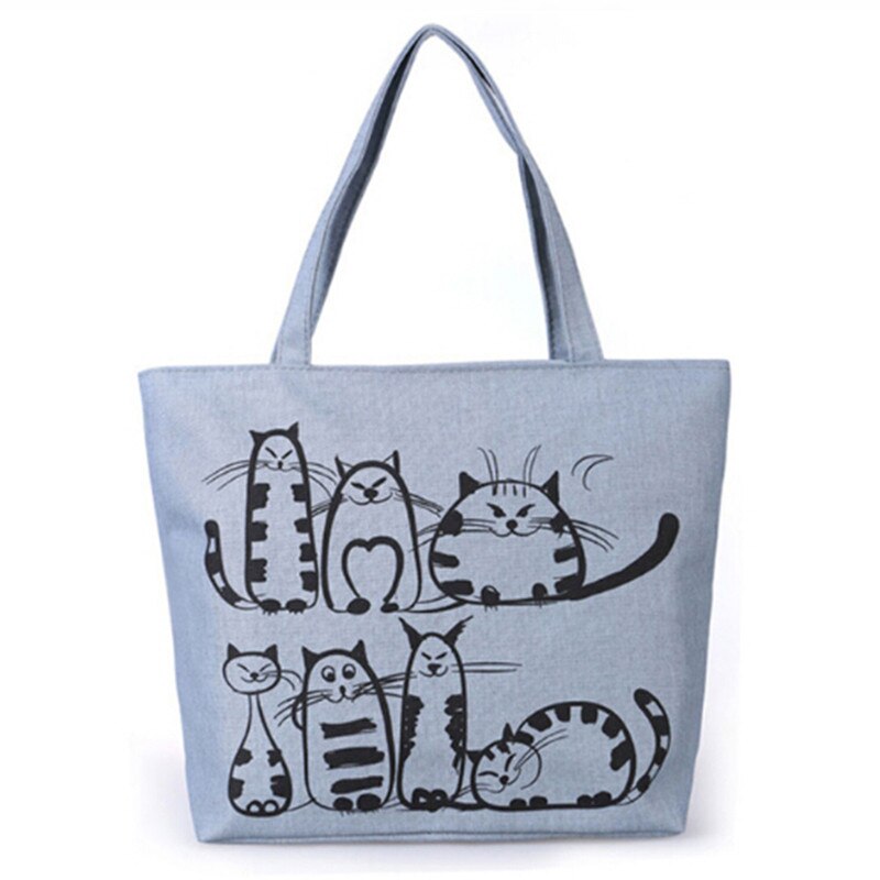 Kvinder lærred indkøbspose tegneserie kat trykt skuldertaske kvindelig stor kapacitet damer strand taske lærred tote shopping håndtasker: Grå varm kat