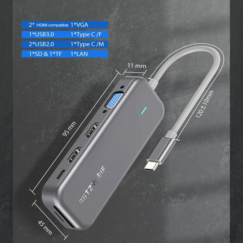 BlitzWolf-concentrador de red USB tipo C BW-TH11, 11 en 1, compatible con HDMI, USB 3,0, RJ45, adaptador de lector de carburador, divisor USB para ordenador portátil tipo C