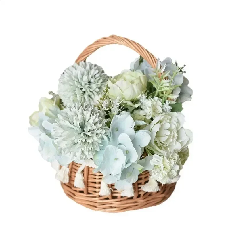 Cesta de flores tejida, cesta de almacenamiento de ratán, flor hecha a mano para niña, para el hogar, boda, baño, artículos de cocina