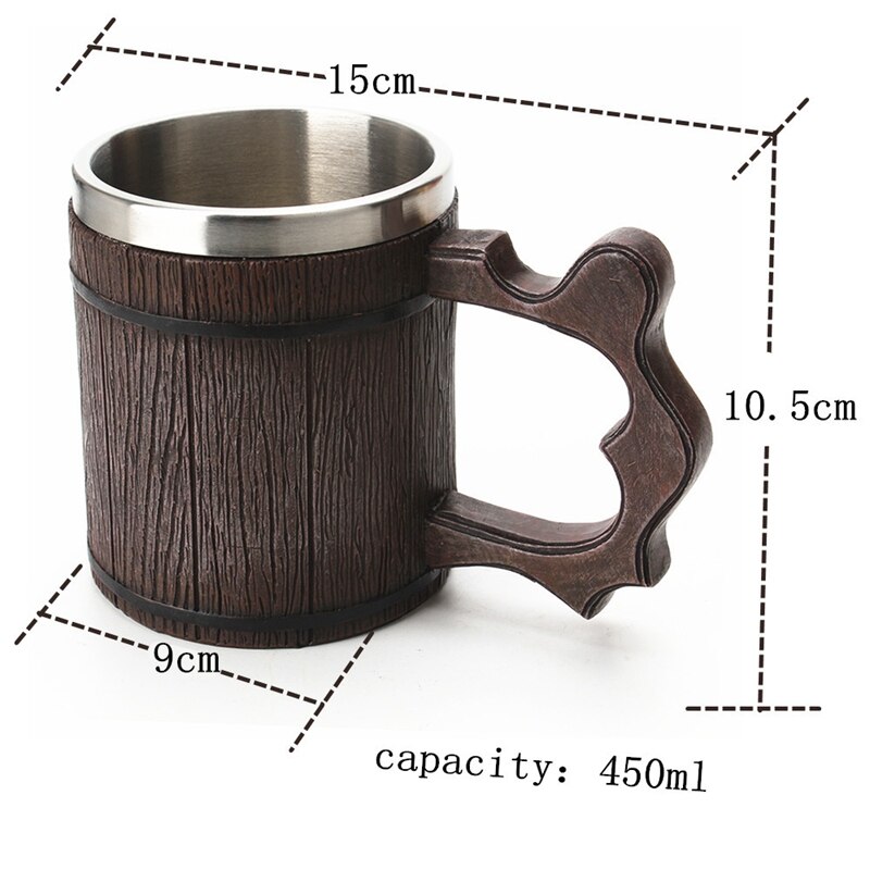 Wood Beer Mug 450Ml Simulation Wooden Barrel Mug Office General Resin Stainless Steel Liner Water Cup