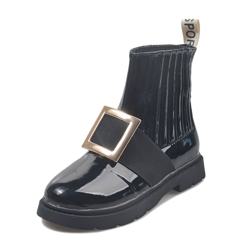 Ademende martin-laarzen met strass-steentjes, gesp van vee, leren laarzen met ronde kop en platte chelsea-dameslaarzen: Zwarte platte gesp / 39