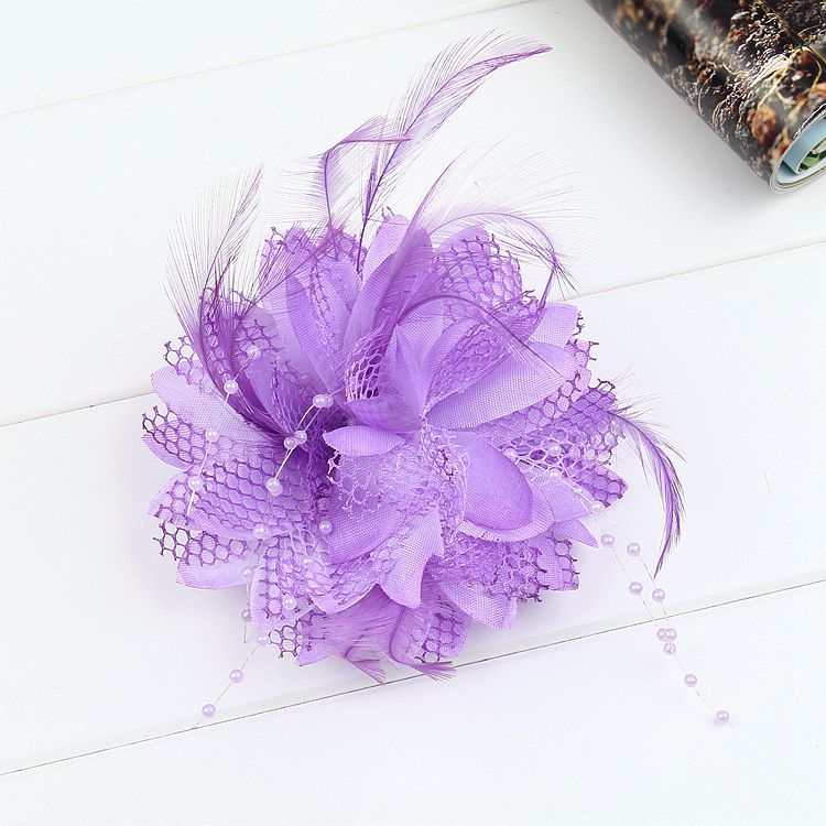 Bridal Feather Hair Clip Flower Ribbon Bead Corsage Hairpin For Women Wedding Hair Accessories Marrige Tiaras Dress Head Jewelry: PURPLE