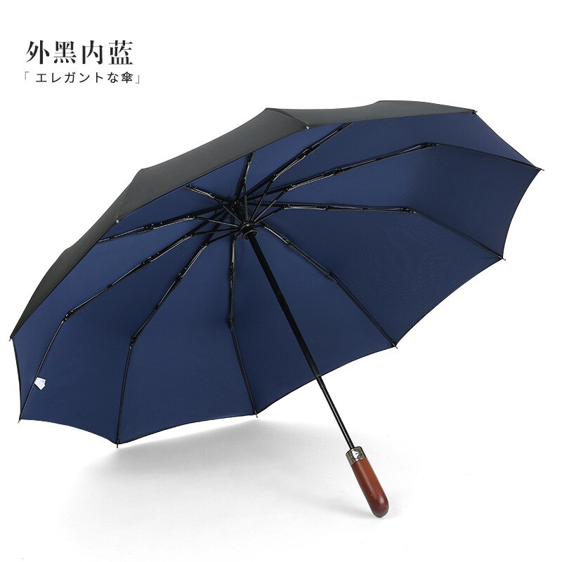 Fuldautomatisk 10- ben vindtæt massivt træhåndtag regnfuld paraply tre gange mænds forretningsparaply: 03