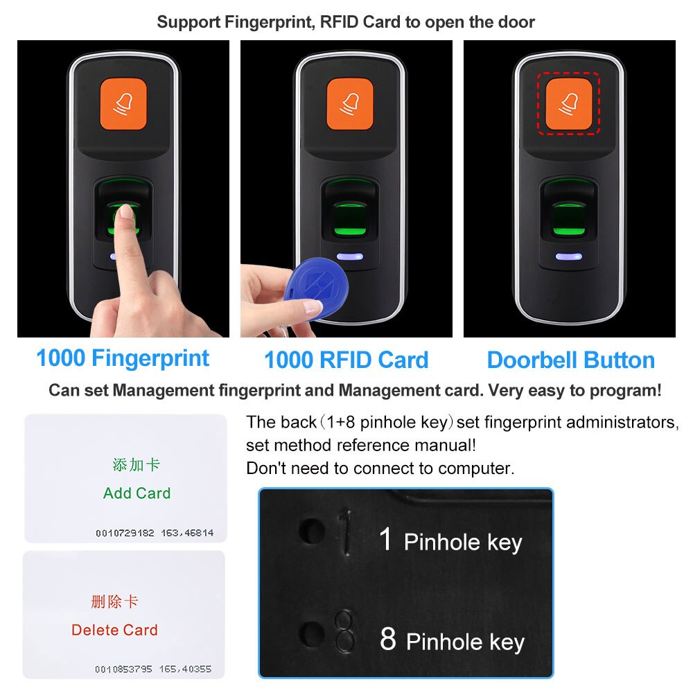 Rfid fingeraftryk adgangskontrollæser biometrisk system fingeraftryksadgangskontrol døråbner understøtter sd -kort dørklokke  wg26