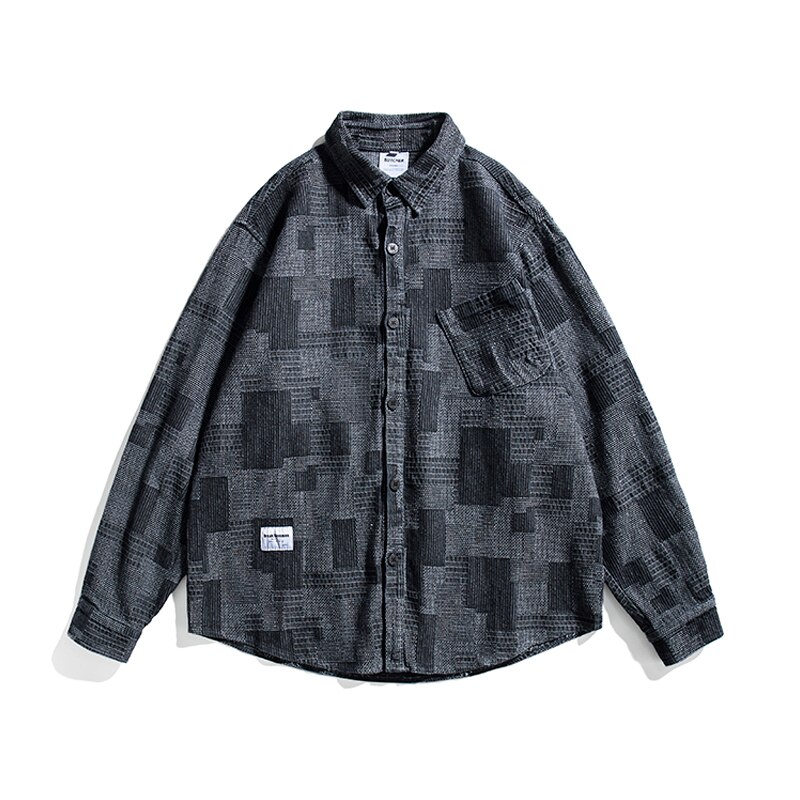 Hip Hop Casual Long Sleeve Plaid Shirt Spring Japanese Streetwear Harajuku Coat Korean Men Clothing: Black / XL