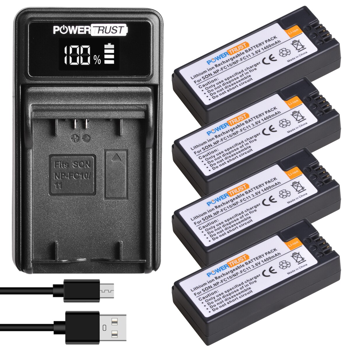 PowerTrust 1400mAh NP-FC11 NP-FC10 Battery and Fast USB Charger for Sony DSC-P2/P3/P5/P7/P8/P9/P10/FX77/F77A, DSC-V1 Cameras