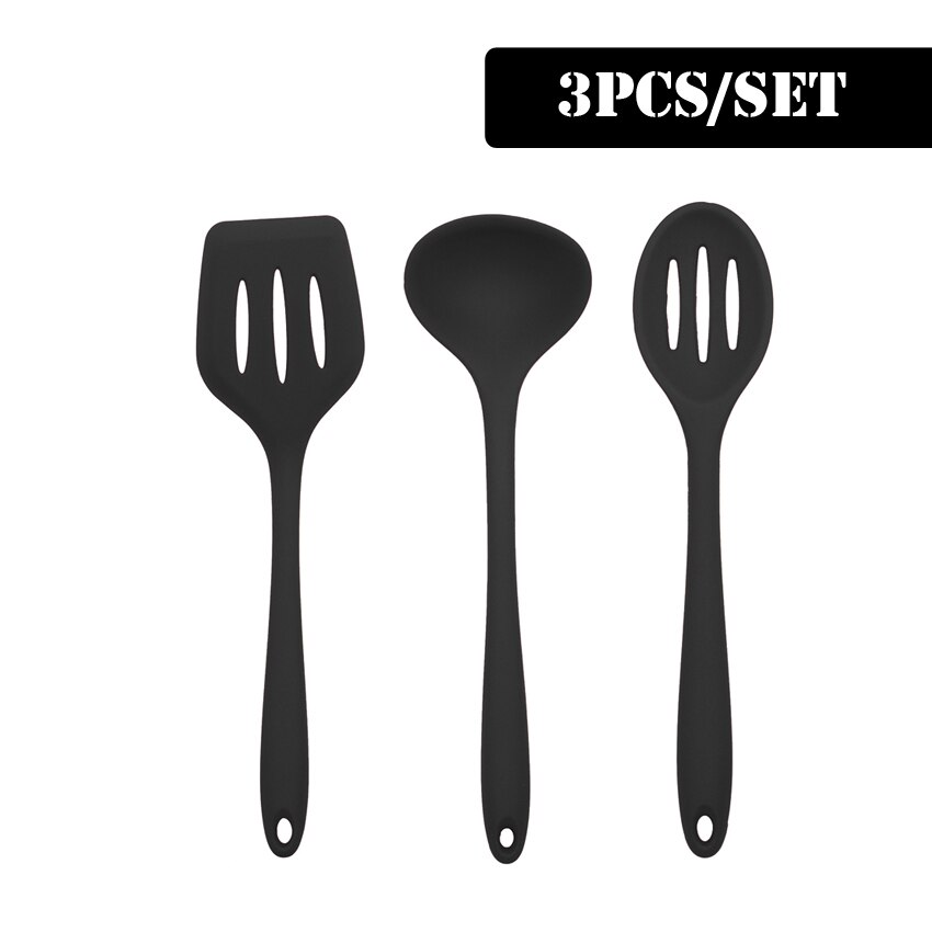 Svart matlagningsredskap set i silikon med non-stick bakredskap köksutrustning slitsad vändare spatel sked mattång kökssats: 3 st set