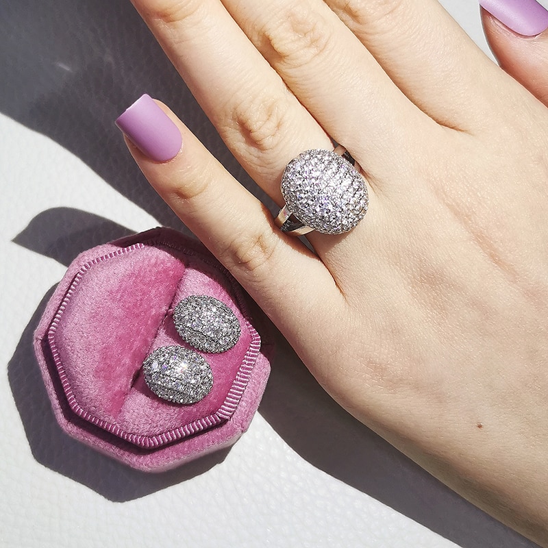 2pcs Pack 925 Sterling Silver Jewelry Set Halo Engagement Ring Round Stud Earring For Wedding Christmas Party J6016