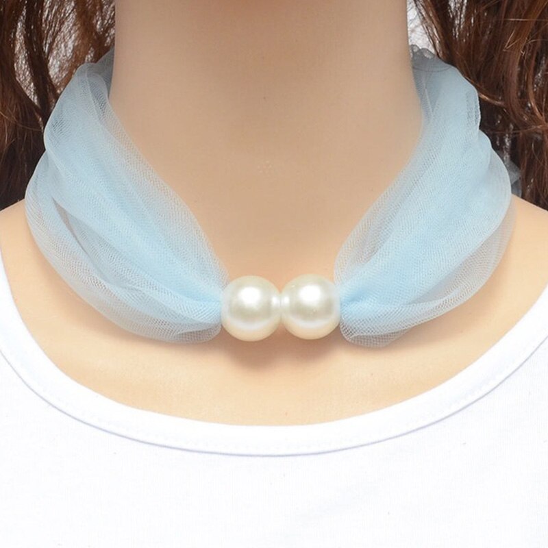 Spring Net Yarn Pearl Scarf Necklace Women Choker Party Jewelry Pure Color Scarf Necklaces: Light Blue