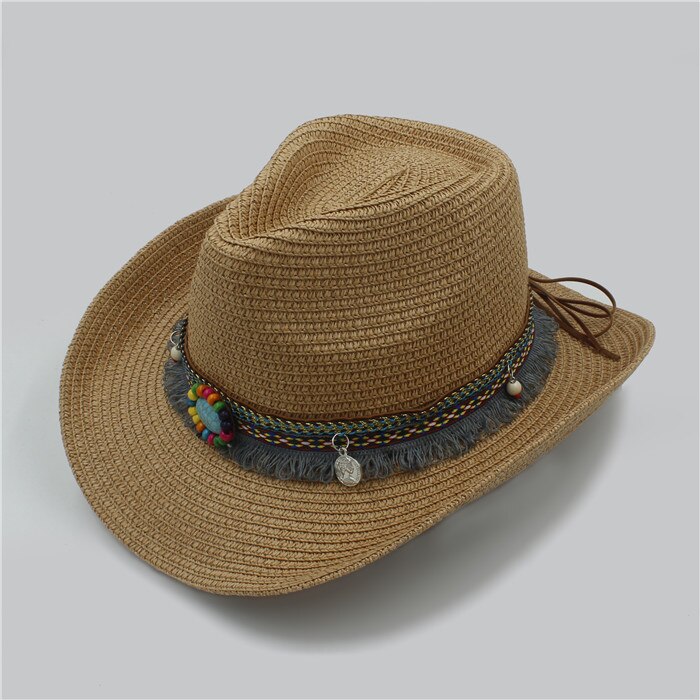 Sommer kvinners menns hule vestlige cowboyhatt til herre vestlig ord cowgirl jazz lokk stråStrand solhatt med håndarbeid: Kaffe