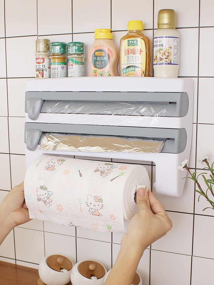 Organizer for Kitchen 4 in1 Wall-Mount Paper Towel Holder Sauce Bottle Storage Film Cutter Tin Foil Rack Kitchen Organization