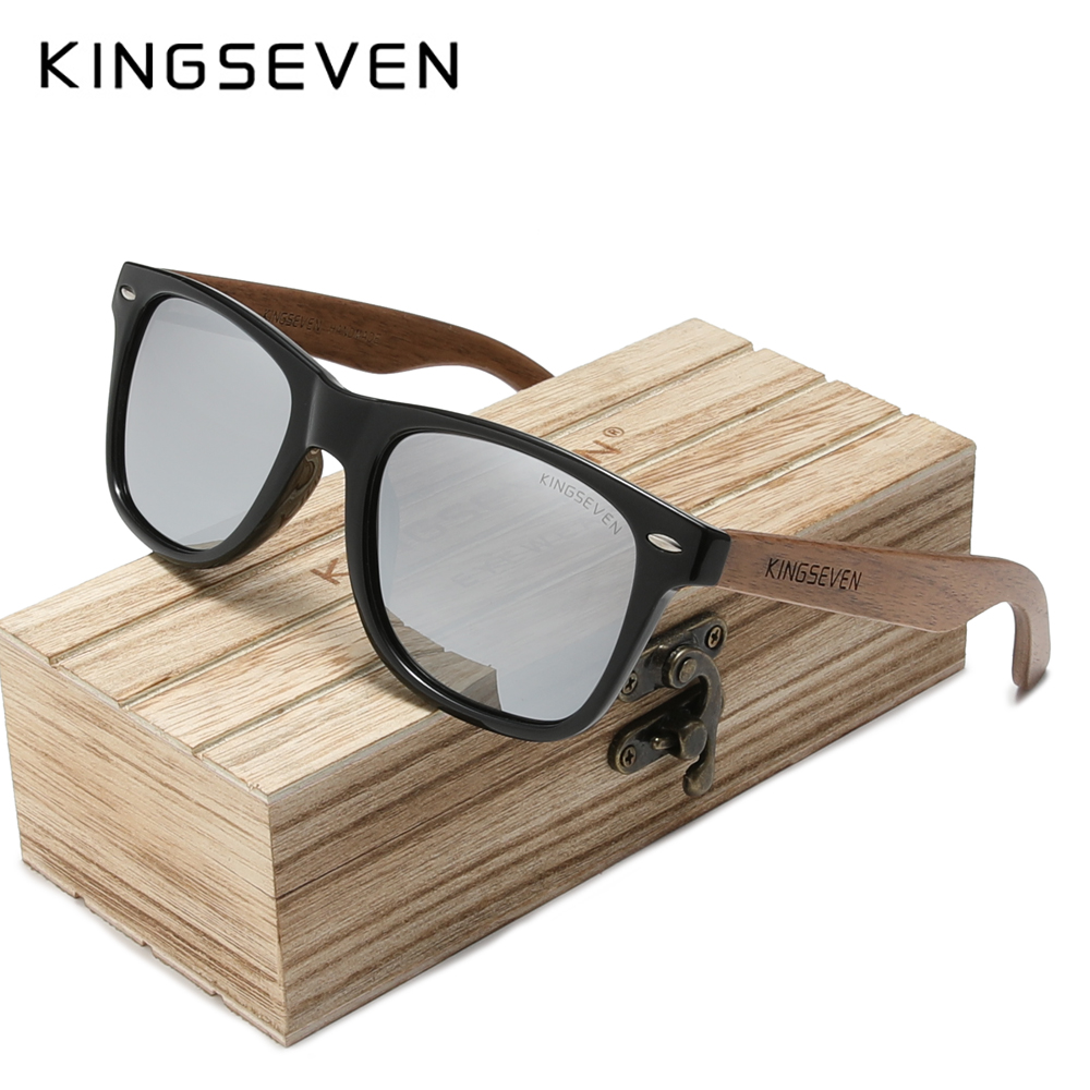 KINGSEVEN-gafas de sol de madera Natural para hombre y mujer, lentes de sol polarizadas hechas a mano con espejo, UV400, 2023: Negro