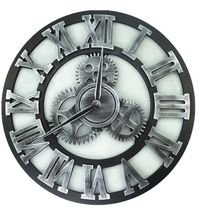 Industrielt udstyr vægur retro mdl vægur industriel alder stil værelse indretning væg kunst vægur reloj pared horloge clok: Romersk sølv -30cm