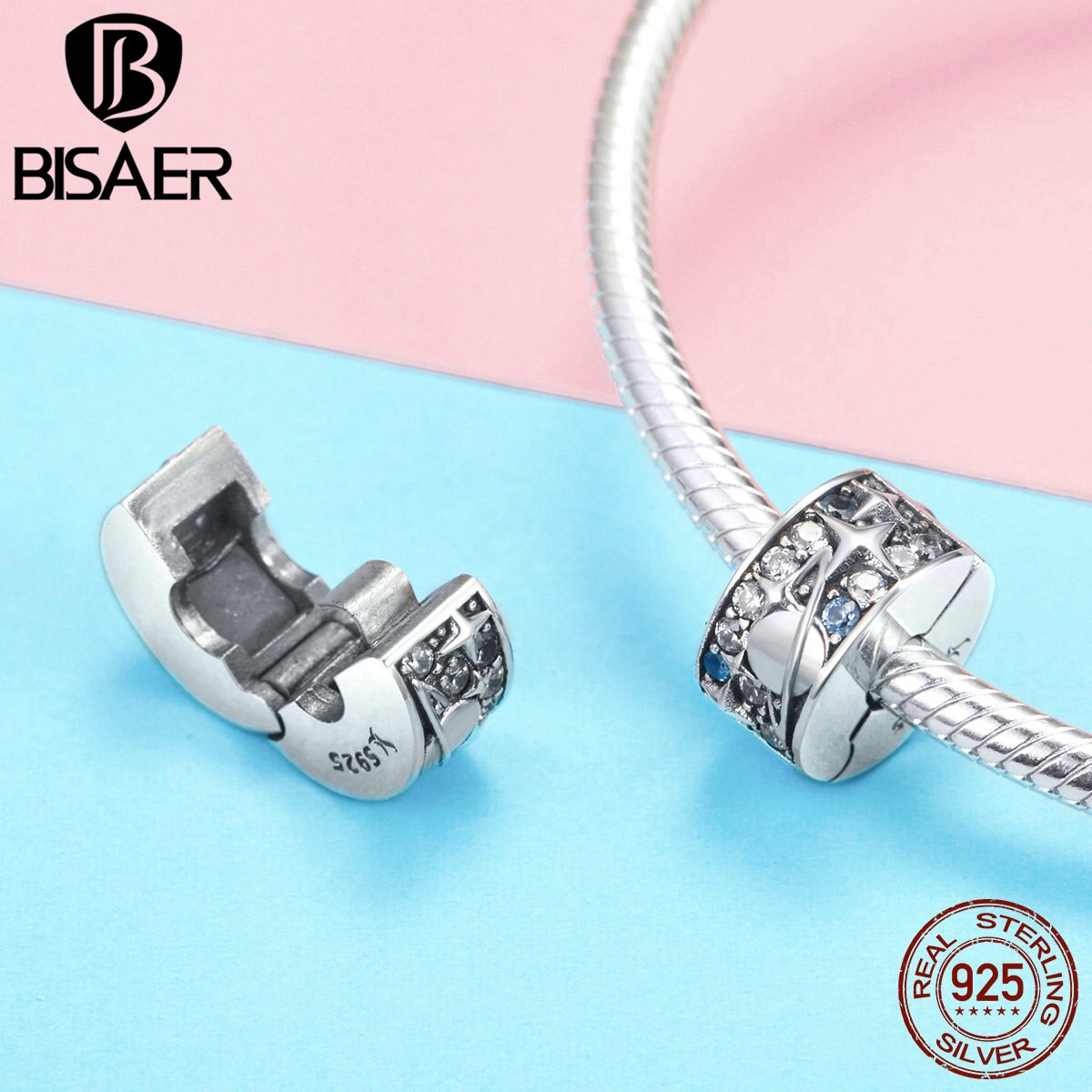 Bisaer 925 prata esterlina planeta terra contas estrela cz clipe rolha encantos ajuste pulseiras de prata contas para fazer jóias ecc985