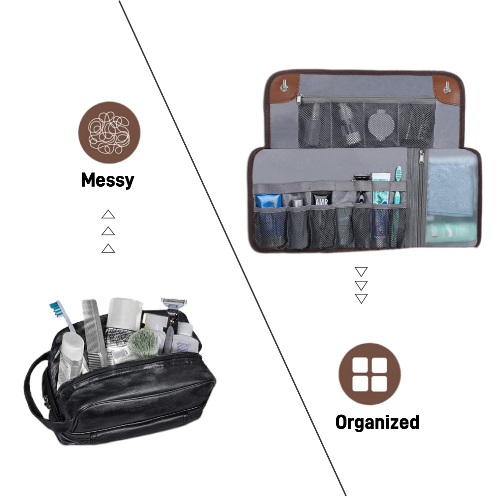 Reisetoalettveske for menn, vannavstøtende universell personlig hygieneveske i pu-skinn, opprullbar dopp-sett, reiseartikler