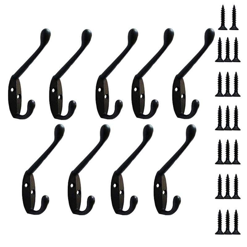 9 Pack Coat Hooks Wall HooksHeavy Duty Wall Mounted for Hat Hardware Dual Prong Retro Coat Hanger with 20 Screws（Black/Gold）: black