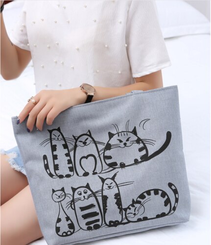 Nova moda mão desenhada gato dos desenhos animados sacos de lona impresso praia zíper grande capacidade saco lona tote compras bolsas
