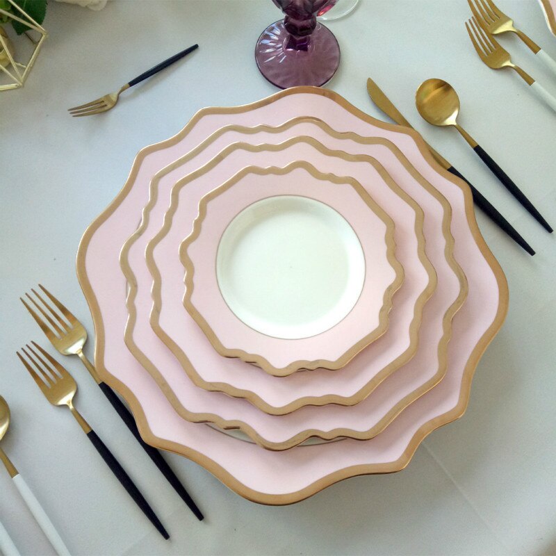 Sunflower Ceramic Dinner Plates Wedding Party Dishes White Pink Golden Edge Tableware for Girls Dessert Plate Serving Tray